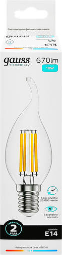 Лампа светодиодная Gauss Filament Elementary 10 Вт 4100K 670lm Е14 LED 1/10/100, свеча на ветру
