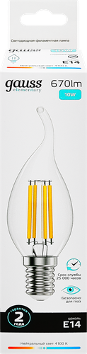 

Лампа светодиодная Gauss Filament Elementary 10 Вт 4100K 670lm Е14 LED 1/10/100, свеча на ветру