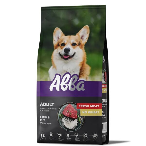Сухой корм Aвва Premium Fresh Meat Adult для собак всех пород старше 1 года, с ягненком и рисом, 12 кг