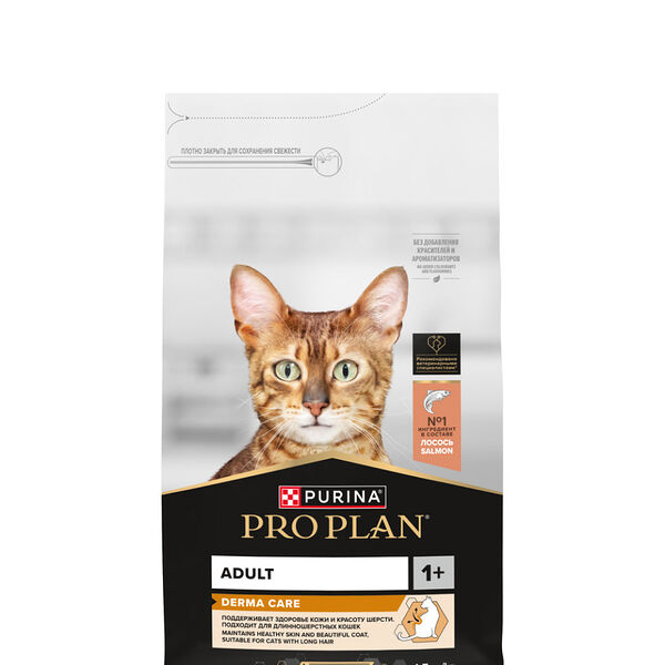 Сухой корм Pro Plan Derma Care для взрослых кошек для красоты шерсти и здоровья кожи, с высоким содержанием лосося 1.5 кг