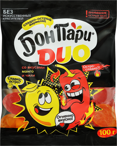 

Мармелад жевательный Бон Пари Duo Сладко-острый Спелый манго и острый чили 100 г