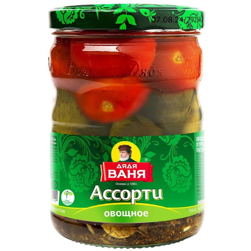 

Ассорти овощное Дядя Ваня огурцы и томаты маринованные 950 г