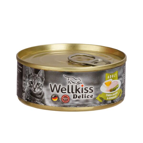 Влажный корм Wellkiss Delice для кошек, нежное филе цыпленка со спаржей 100 г