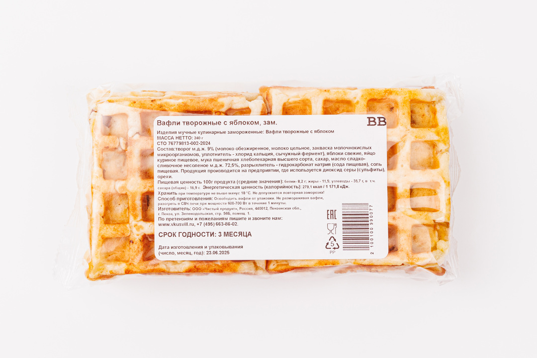 

Вафли творожные ВкусВилл с яблоком, заморозка Продукт замороженный 240 г