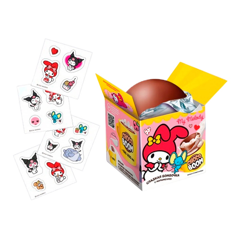 

Шар Choco Boom Kuromi шоколадный с маршмеллоу 28 г дизайн упаковки в ассортименте
