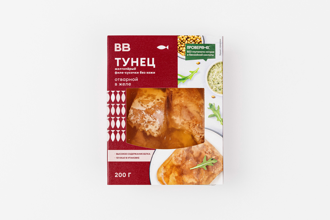 

Тунец ВкусВилл желтоперый филе-кусочки без кожи отварной в желе 200 г