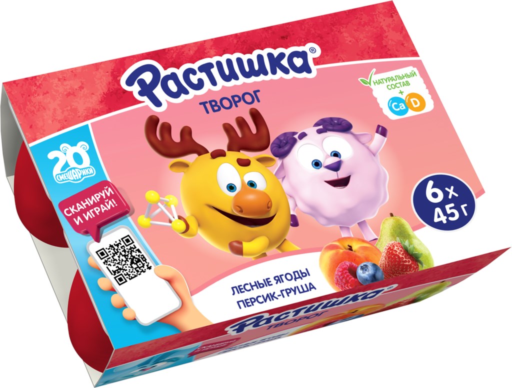 

Творожок Растишка с лесными ягодами, персиком и грушей 3.5% 6х45 г