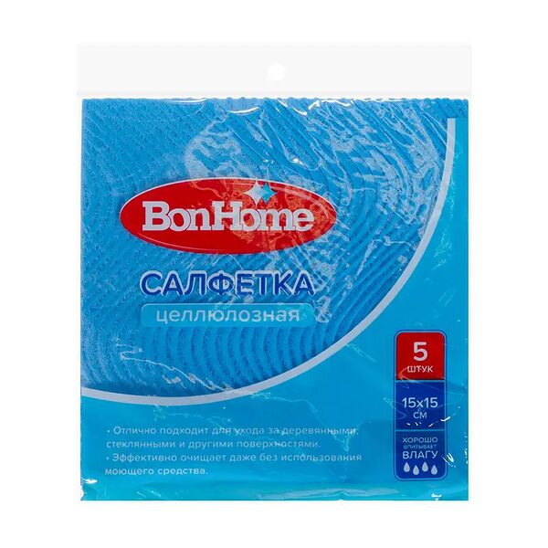 Салфетка целлюлозная, BonHome, 15х15 см, 5 шт., в ассортименте