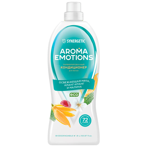 Кондиционер для белья Synergetic Aroma Emotions концентрированный Освежающая мята, иланг-иланг, малина 1.8 л