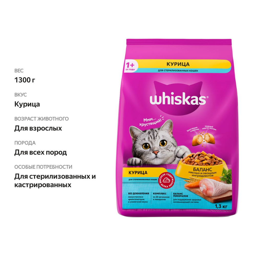 

Сухой корм для стерилизованных кошек Whiskas подушечки с паштетом со вкусом курицы 1.3 кг