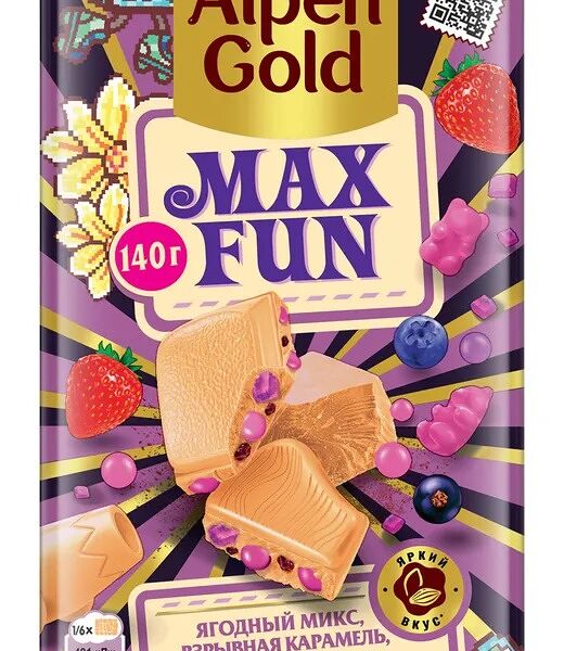 Шоколад белый Alpen Gold Max Fun ягодный микс, взрывная карамель, шипучие шарики 140 г