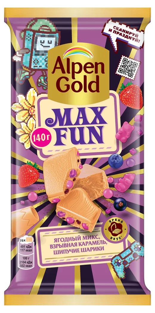 

Шоколад белый Alpen Gold Max Fun ягодный микс, взрывная карамель, шипучие шарики 140 г