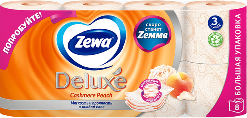 

Туалетная бумага Zewa Deluxe Персик 3 слоя 8 рулонов