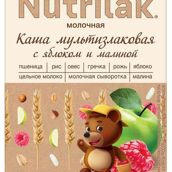 Каша молочная мультизлаковая с яблоком и малиной Procereals цельнозерновая с 6 месяцев Nutrilak 200 г