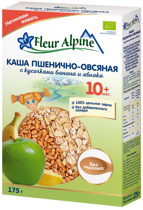 

Каша безмолочная пшенично-овсяная с кусочками банана и яблока с 10 месяцев, Fleur Alpine БИО 175 г