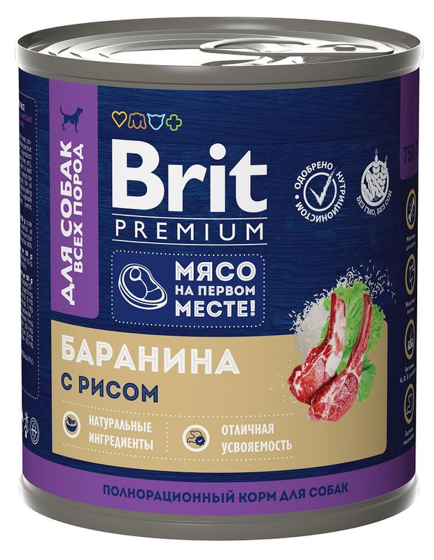 

Корм консервированный Brit Premium для собак всех пород баранина с рисом 750 г