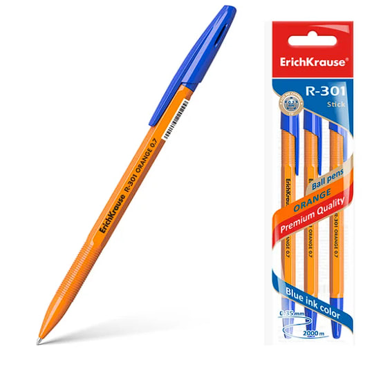 

Ручка шариковая ErichKrause R-301 Stick Orange 0.7, синий
