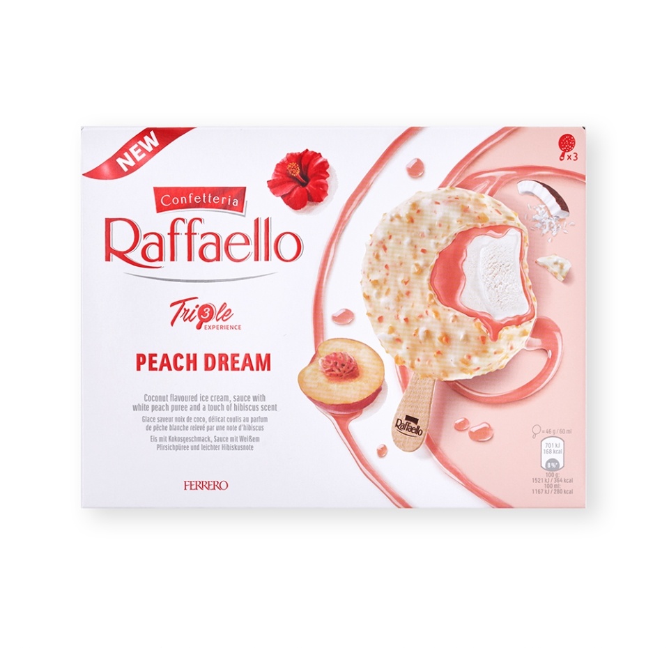 

Мороженое Raffaello с персиково-кокосовым вкусом в белой глазури и с ароматом гибискуса 138 г