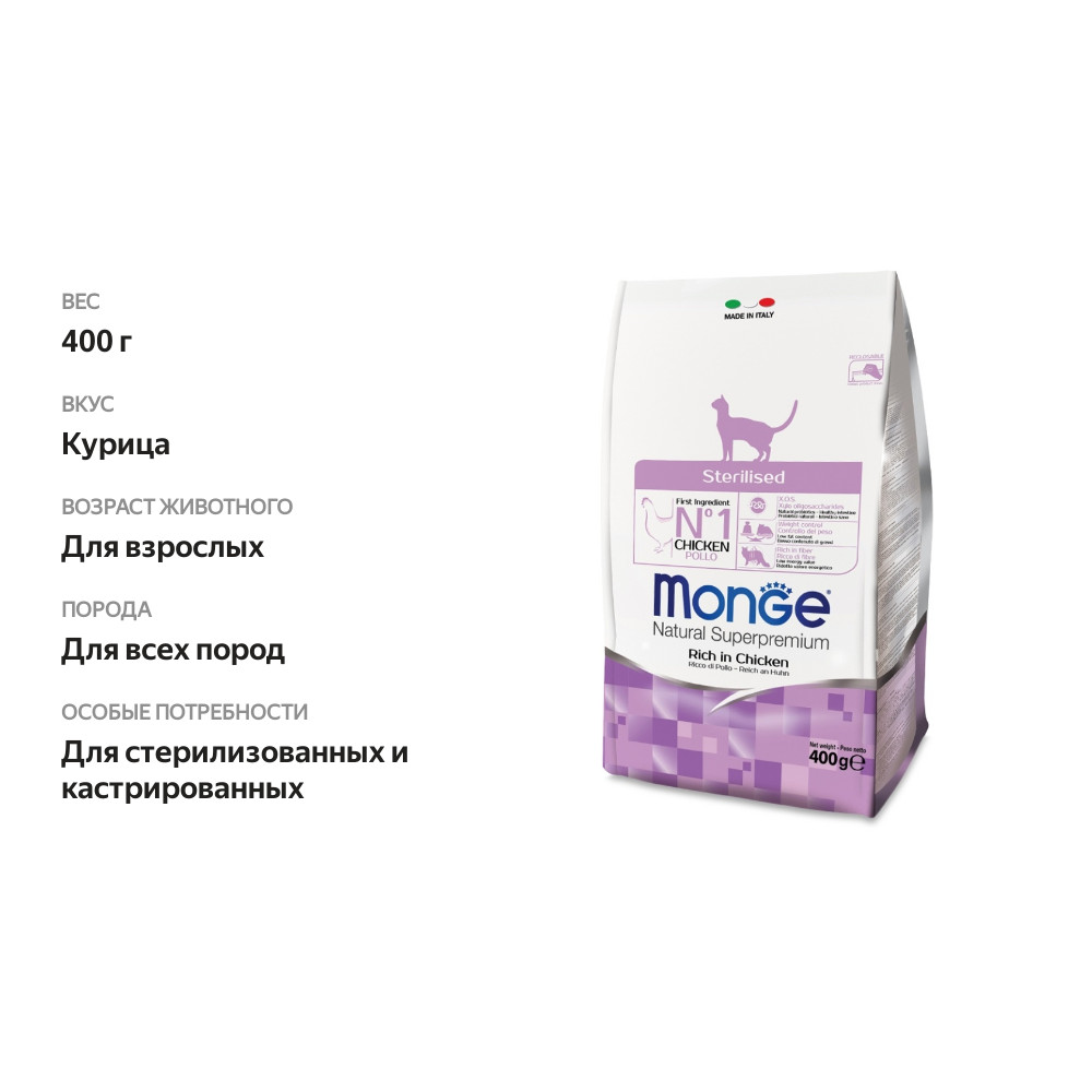 

Сухой корм Monge Cat Sterilised для стерилизованных кошек 400 г