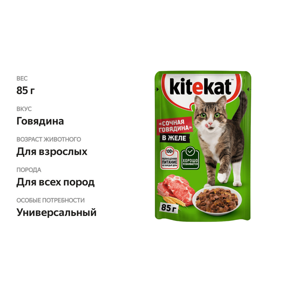 

Влажный корм Kitekat для взрослых кошек Сочная говядина в желе 85 г