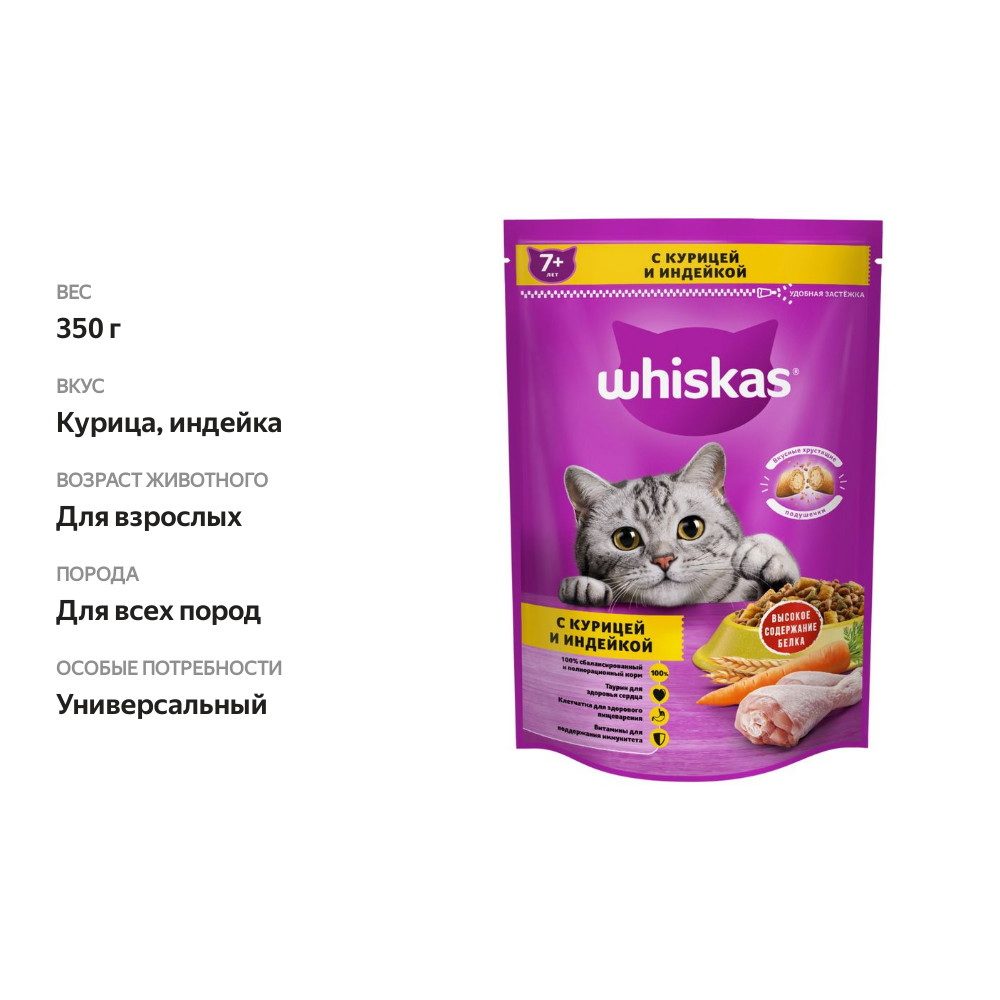 

Корм сухой Whiskas Вкусные подушечки с паштетом курица и индейка 7+ 350 г