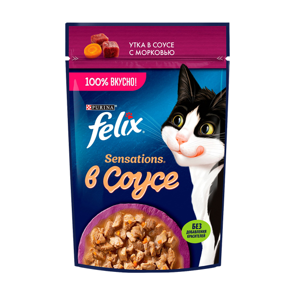 Корм влажный Felix Sensations с уткой в соусе с морковью для кошек 75 г
