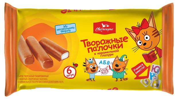 

Творожные палочки Свитлогорье Kids Три кота в карамельной глазури 16% 180 г
