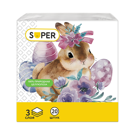 

Салфетки бумажные Super Зайки 3 слоя 20 шт. дизайн в ассортименте