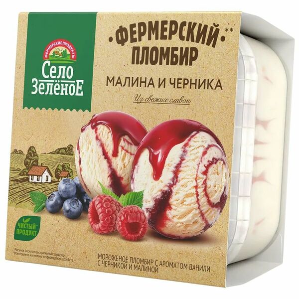 Мороженое пломбир Село Зеленое со вкусом Ванили с сиропом из черники и малины 15% 200 г