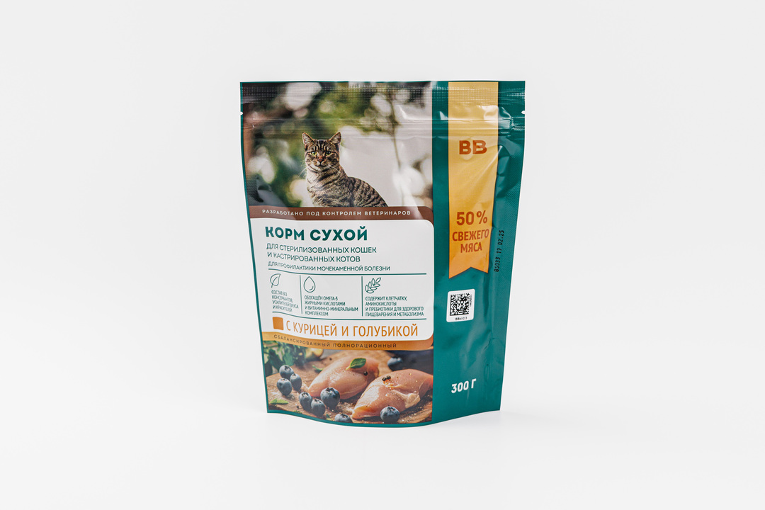 

Корм сухой ВкусВилл для стерилизованных кошек с курицей и голубикой 300 г
