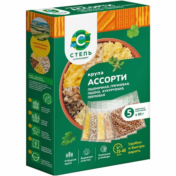 Крупа Степь Ассорти пшеничная, гречневая, пшено, кукурузная, перловая 400 г