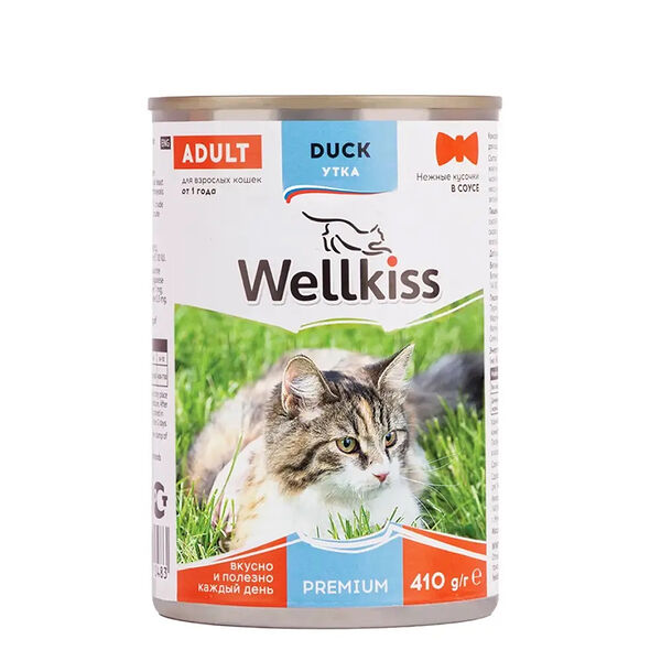 Adult консервированный корм Wellkiss для взрослых кошек, с уткой в соусе