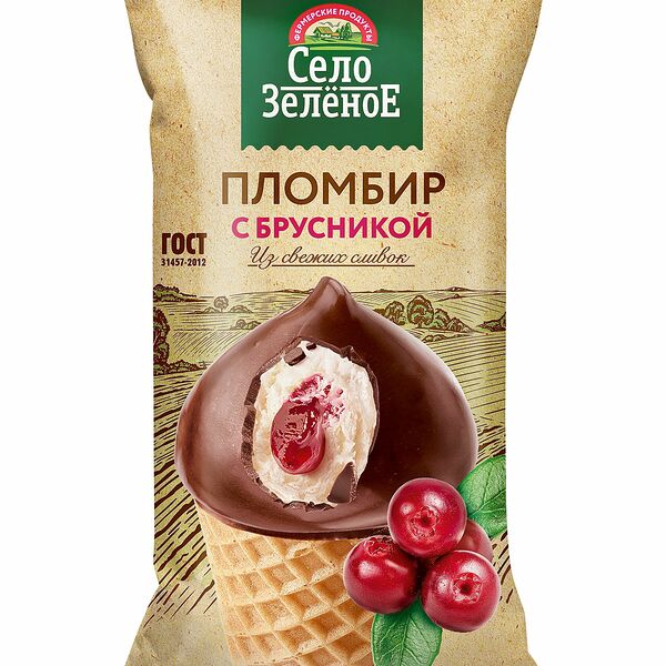 Мороженое Село Зелёное Пломбир с брусникой в вафельном рожке 15% 70 г