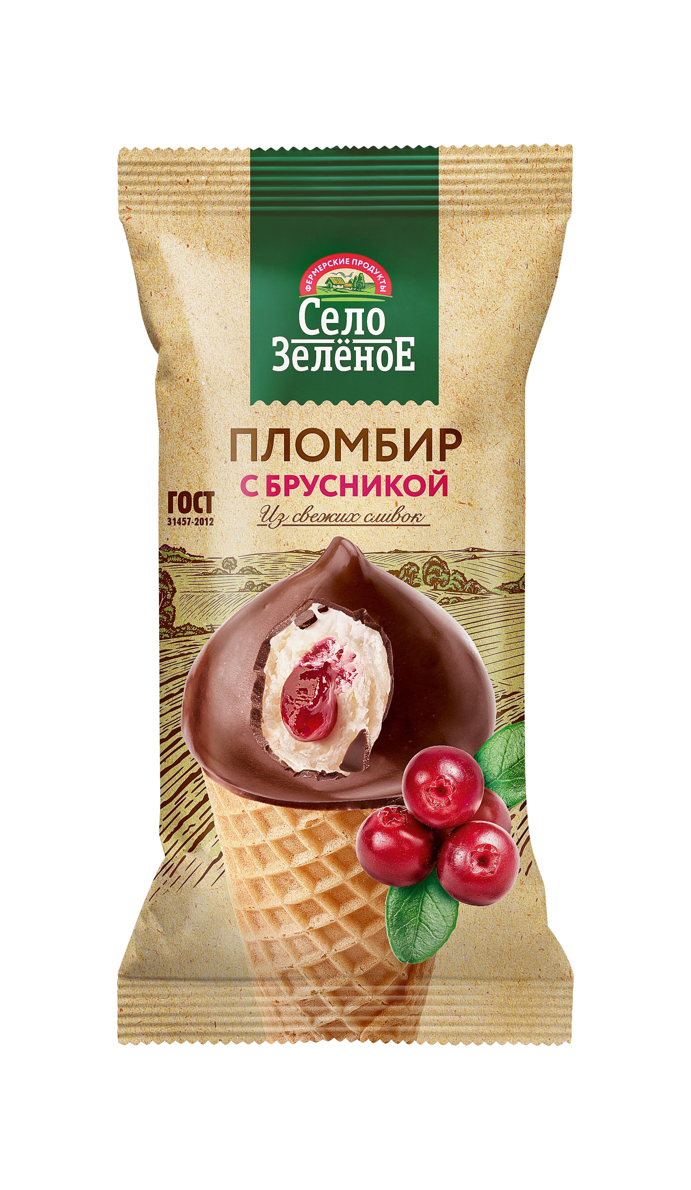 

Мороженое Село Зелёное Пломбир с брусникой в вафельном рожке 15% 70 г