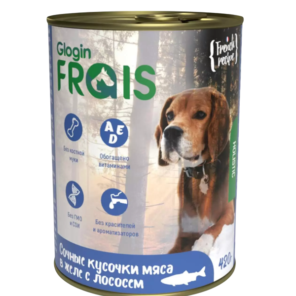Влажный корм для собак Glogin Frais Holistic Сочные кусочки мяса в желе с лососем 420 г