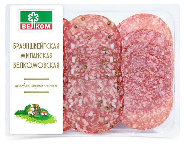 

Колбаса сырокопченая Велком Велкомовская-Брауншвейгская-Миланская нарезка 150 г