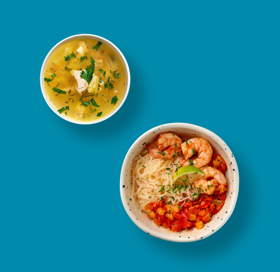 

Ланч Лапша куриная «Уже готово» 270 г, + Рисовая лапша с креветками и овощами Азбука Life 235 г