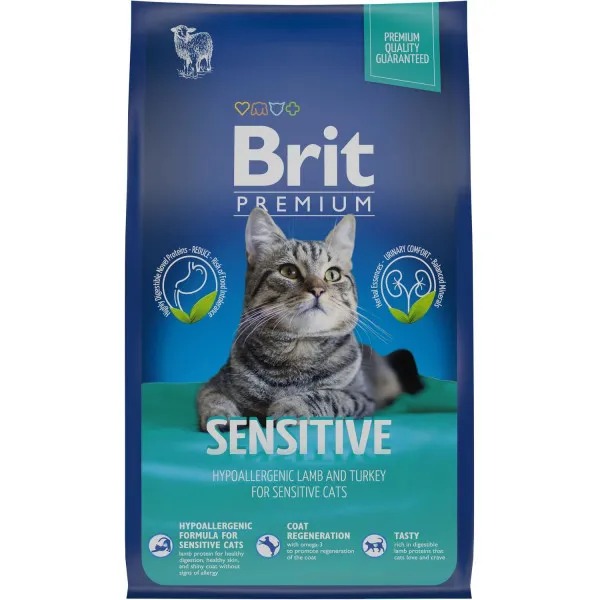 

Сухой корм для кошек Brit Premium Cat Sensitive с чувствительным пищеварением, ягненок-индейка 800 г