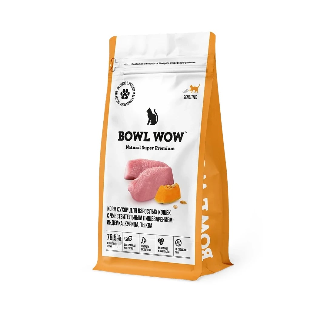 

Корм для кошек Bowl Wow с чувствительным пищеварением, с индейкой, курицей и добавлением тыквы 400 г