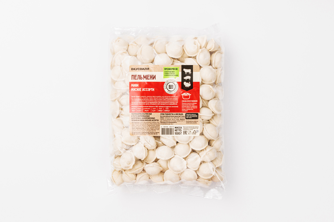 

Пельмени мини ВкусВилл мясное ассорти 1 кг