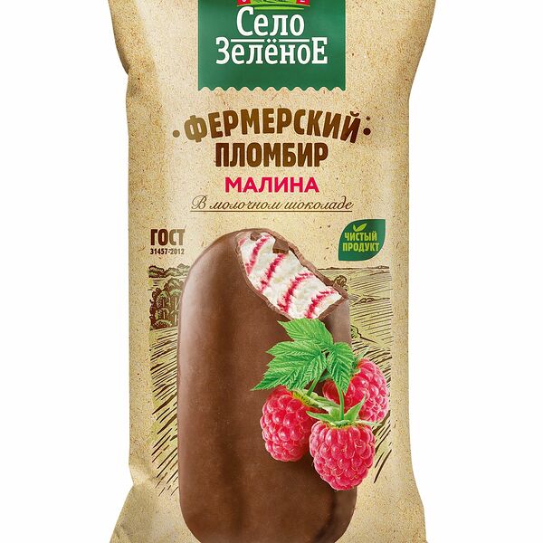 Мороженое эскимо Село Зелёное Пломбир с малиной в молочном шоколаде 15% 80 г
