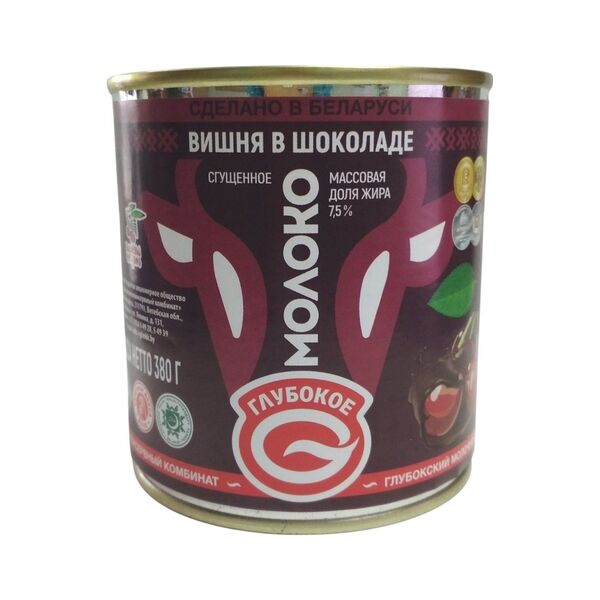 Молоко с/с какао и аром черри-бренди Вишня в шоколаде 7,5% в ж/б 380г Глубокский МКК
