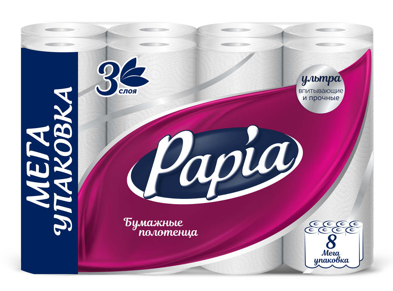 

Бумажные полотенца Papia 3 слоя 8 рулонов