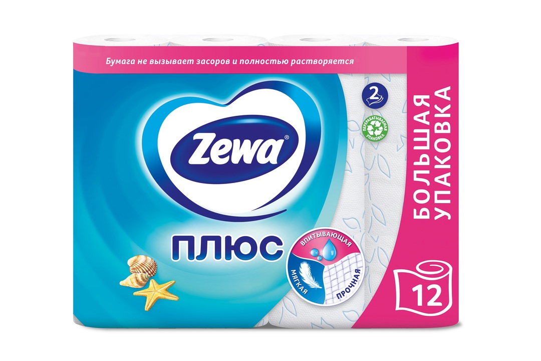 

Туалетная бумага Zewa Плюс Свежесть океана, 2 слоя, 12 рулонов