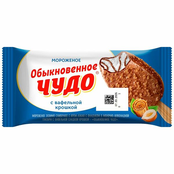 Мороженое Обыкновенное чудо эскимо сливочное крем-какао фундук с вафельной крошкой 8% 65 г