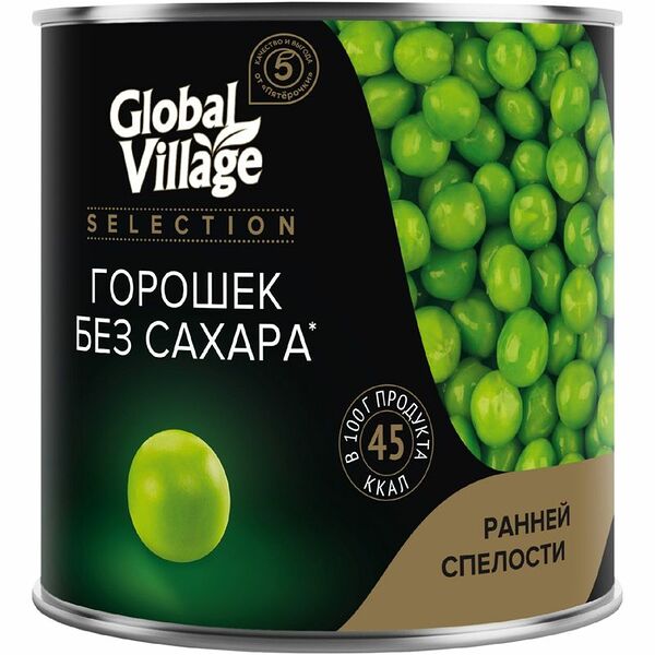 Горошек молодой Global Village без добавления сахара из мозговых сортов 400 г