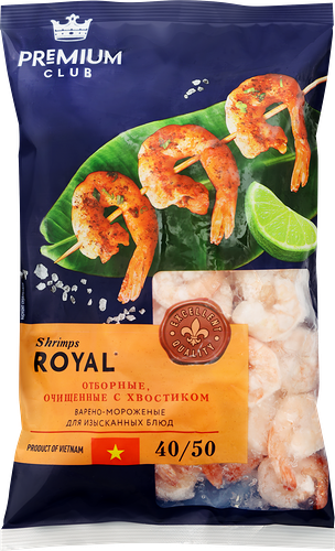 Креветки Королевские варено-мороженые PREMIUM CLUB очищенные с хвостиком 40/50, 500г