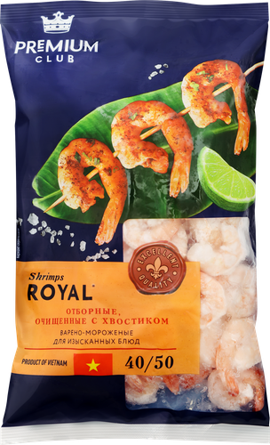 

Креветки варено-мороженые Premium Club Королевские очищенные с хвостиком 40/50, 500 г