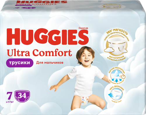 

Подгузники-трусики Huggies Ultra Comfort для мальчиков 7 (17 кг), 34 шт