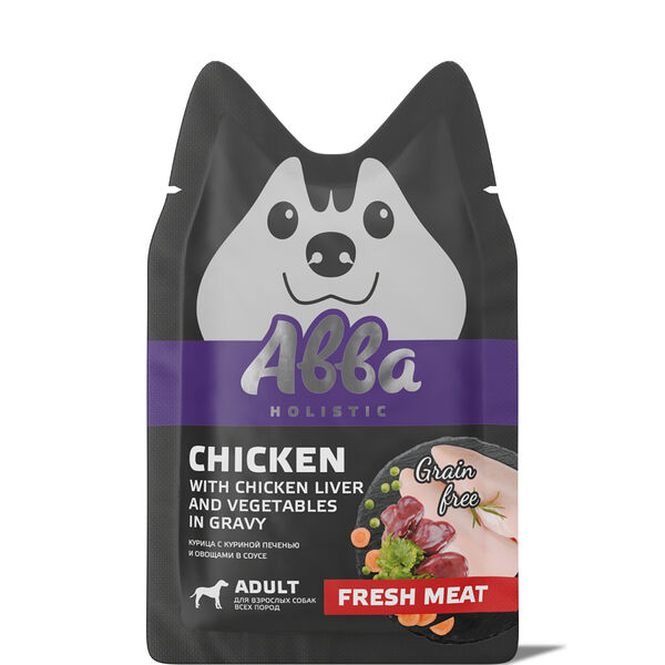 Влажный корм для собак всех пород холистик Abba с курицей, куриной печенью и овощами в соусе, 100 г
